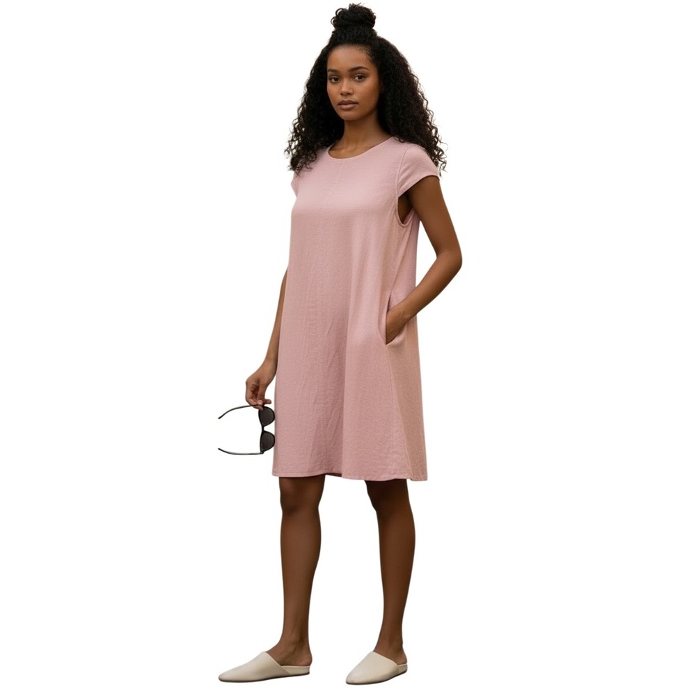 Monteau Los Angeles Dusty Pink Linen Blend Cap Sleeve Shift Dress with Pockets M